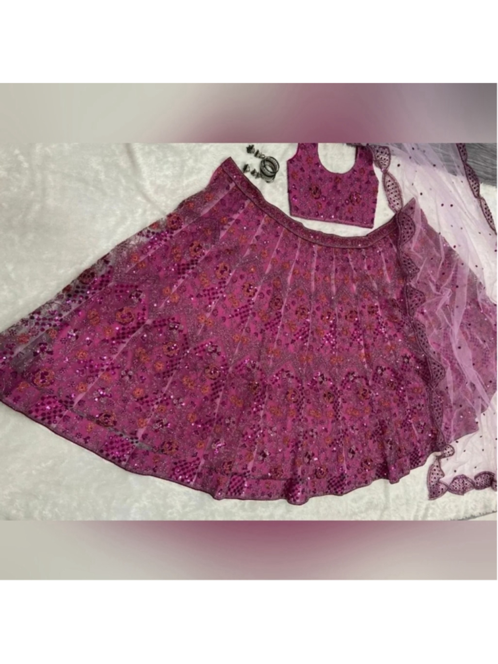 Rose Pink Net Sequins embroidered Flared Style Lehenga Choli - Picture 5 of 8